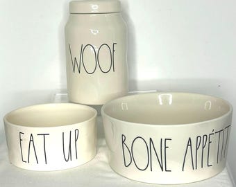 Rae Dunn Dog Bowl Set bone apetit eat up woof Canister Farmhouse Pet