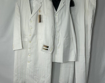 Traje blanco de 3 piezas para hombre, talla grande 54L, con raya diplomática dorada, ideal para bodas, graduaciones y fiestas. Estilo Zoot Suit. Abrigo largo. Conjunto formal.