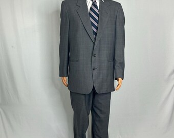 Vintage Oscar de la Renta Gray Plaid Wool Suit 43L Mens Designer 2 Piece Classic 90s Power Suit Tall Formal Wedding Business