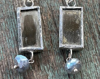 Vintage Repurposed Mercury Glassed Mirrored Tile earrings on Sterling Silver with Labradorite, gifts for her, repurposed vintage