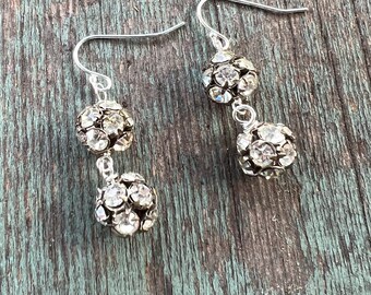 Vintage Repurposed Rhinestone Ball earrings on Sterling Silver, Long Dangle Earrings, gifts for her, gifts under 20, Vintage flapper Earring