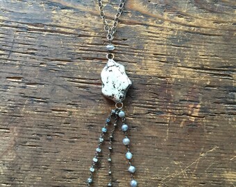 Vintage Rosary Inspried long Statement Necklace on Sterling w/ Jasper and labradorite stones, Gifts under 60 Gifts for Her, Valentines Gift