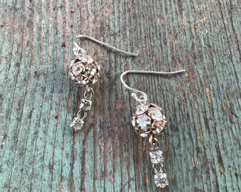 Vintage Repurposed Rhinestone Ball earrings on Sterling Silver, Long Dangle Earrings, gifts for her, gifts under 20, Vintage flapper Earring