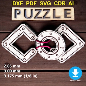 May include: Wooden puzzle pieces with a diamond and circular design, connected by pink cords. The word "PUZZLE" is carved into a wooden plank. The image also includes the text "DXF PDF SVG CDR AI" and "DIGITAL FILE". The puzzle pieces are approximately 3.175 mm thick.