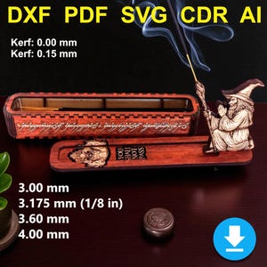 Puede incluir: Un juego de porta incienso de madera con una figura de Gandalf, una caja rectangular y un pequeño recipiente redondo. El juego incluye el texto "YOU SHALL NOT PASS". La imagen también incluye el texto "DXF PDF SVG CDR AI".