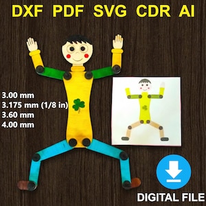 May include: A wooden articulated figure with a yellow torso, blue legs, and green arms, with a clover design. The image includes the text "DXF PDF SVG CDR AI" and "DIGITAL FILE". Measurements are listed as 3.00 mm, 3.175 mm (1/8 in), 3.60 mm, and 4.00 mm.