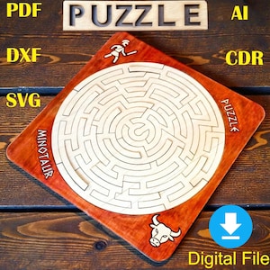 May include: Wooden Minotaur puzzle with a maze design. The puzzle is square with a red-brown border and a light wood maze in the center. The word "PUZZLE" is carved at the top and side. The image also includes the words "PDF", "DXF", "SVG", "AI", "CDR", and "Digital File".