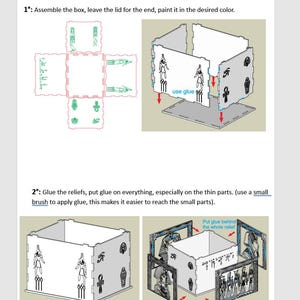 May include: Instructions for assembling a 3D model of an Egyptian sarcophagus. The image shows a diagram of the box, the individual pieces, and the finished product. The text reads "Assemble the box, leave the lid for the end, paint it in the desired color." and "Glue the reliefs, put glue on everything, especially on the thin parts. (use a small brush to apply glue, this makes it easier to reach the small parts)."
