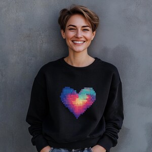 Pixel Heart Sweatshirt Valentine&#39;s Day Crewneck Gift For Her Gift For Him Gradient Design Unisex Cotton Jumper Valentine&#39;s Day Gift