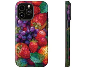 May include: A smartphone case featuring a vibrant, colorful design of various fruits. The case showcases a mix of red strawberries, purple grapes, and green leaves, creating a lively and eye-catching pattern. The side of the case also has a fruit design.