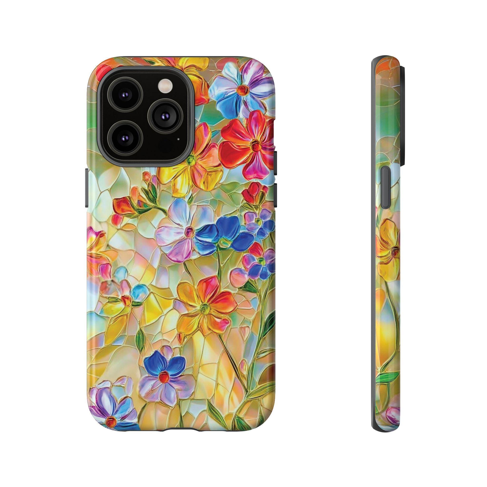 Stained Glass Wildflowers Tough Case Artistic iPhone Case Gift for Her Birthday Present Spring Floral Phone Cover Stained Glass Effect