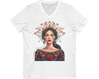 V-Neck Tee &#39;Remember Your Roots&#39; - Folk Art Boho Top, Folklore Tshirt, Roots Art Shirt, Boho Vintage Tee, Unisex Jersey V-Neck