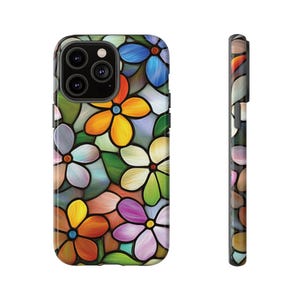 May include: A colorful phone case with a stained glass design featuring flowers in shades of blue, yellow, orange, pink, and green.