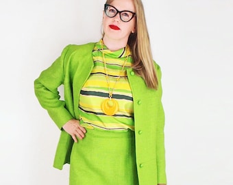 1960s Bright Green Linen Skirt Suit by Glenhaven M - Sleeveless Striped Top Included - VFG Member