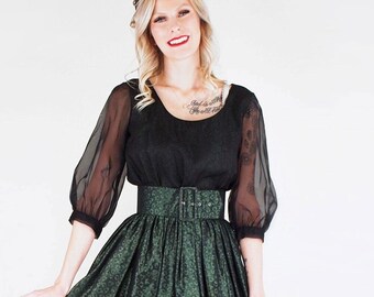 1960s Iridescent Green Damask Dress – Black Chiffon Sleeves, Wide Belt (Size S) – VFG Member