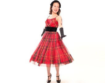 50s Red Plaid Silk Organza Party Dress with Black Velvet Waistband XS • VFG