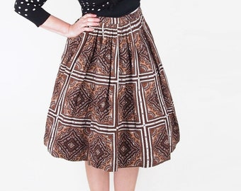 60s Cotton Full Skirt with Brown White Carpet Print 28" waist • VFG