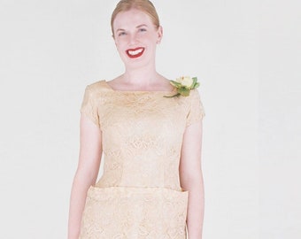 50s Beige Lace Dress with Pleated Skirt Back by Tea Time Fashions M • Iconic 50s Pocket Detail • Petal Sleeves  • VFG