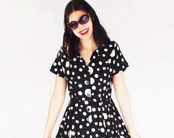 50s Black & White Dot Cotton Shirtwaist Dress by Barbette M  • Cute Spring Pleated Skirt Dress in Excellent Shape • VFG