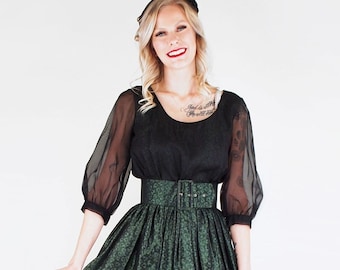 Early 60s Iridescent Green Damask & Black Chiffon Full Skirt Dress + Wide Belt S • VFG