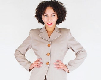 40s Tan Gabardine Skirt Suit with Tailored Jacket XXS • Shoulder Pads & Hip Padding Give the Jacket an Hourglass Fit • VFG