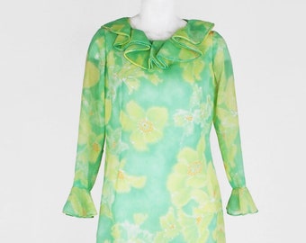 60s Green Yellow Floral Shift Dress with Ruffle Collar + Cuffs by Tomiko Yokohama XS • Woven Nylon Crepe • VFG