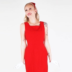 1950s Red Wool Sheath Dress with Pleated Hem & Back Bow XS • VFG Member