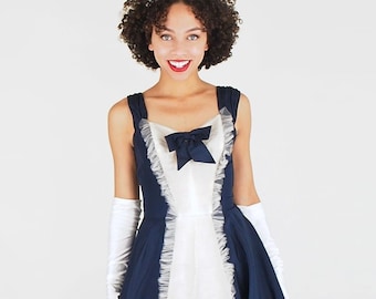 50s Navy Taffeta Circle Skirt Party Dress with White Center Panel, Crinoline Lining XS • VFG