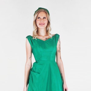 1950s Iridescent Emerald Green Silk Blend Taffeta Party Dress with Beautiful Draping by Emma Domb XXS - VFG Member