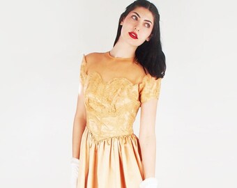 50s Golden Satin & Lace Long Dress with Illusion Neckline S • Hint of Rose Gold, Heavy Satin Full Skirt Basque Waist Formal • VFG