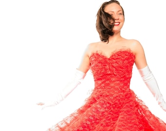 50s Red Tulle Lace & Taffeta Strapless Formal Dress XXS • VFG