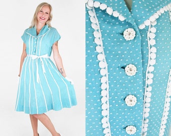 50s Aqua & White Sheer Dotted Swiss Dress with Sweet White Trim M • VFG