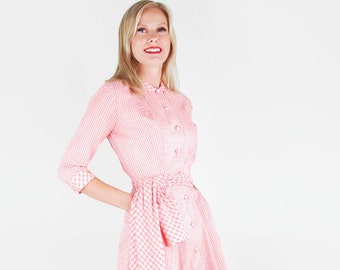 50s Pink Gingham Long Hostess Dress with Sash XS • VFG