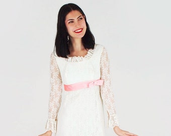 1960s White Lace Empire Waist Dolly Mod Mini Dress with Pink Bow by Jr. Theme XS S - Ruffles Galore - Wedding Dress - VFG Member