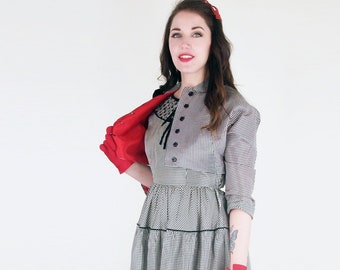 50s Black & White Gingham Dress + Red-Lined Bolero Jacket by Vicky Vaughn Junior S M