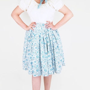 1960s Blue Flower Print Brushed Cotton Full Skirt 33&quot; waist L- VFG Member