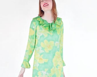 1960s Green Yellow Floral Shift Dress with Ruffle Collar + Cuffs by Tomiko Yokohama XS - Woven Nylon Crepe - VFG Member