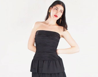 80s Black Strapless Short Party Dress with Fitted Ruched Top and Flounced Skirt by Tadashi S • VFG