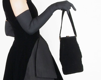 Bolso Ingber de terciopelo negro de los años 40 – Monedero alto de noche – Cierre de hebilla dorada – Bolso vintage de terciopelo – Miembro de VFG