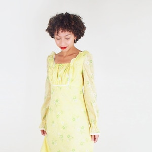 1970s Long Ruffled Dress Yellow Green Floral Open Back S • VFG Member