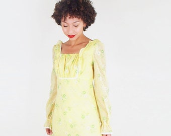 70s Long Ruffled Dress Yellow Green Floral Open Back S • VFG