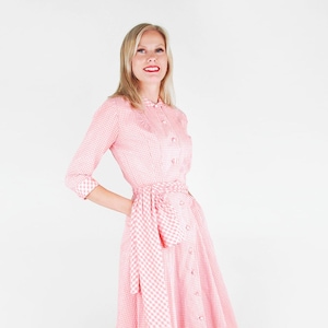 1950s Pink Cotton Gingham Long Hostess Dress with Sash XS - Flaring Skirt, Covered Buttons All the Way Down the Front - VFG Member