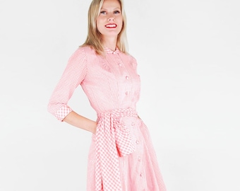 1950s Pink Cotton Gingham Hostess Dress with Sash – Long Full Skirt, Covered Buttons – XS – VFG Member
