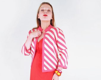 60s Pink & White Diagonal Stripe Smooth Wool Knit Cardigan Jacket - Avagolf Italy I. Magnin M • VFG