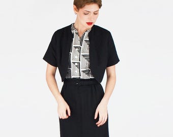 Schwarzes und weißes Set aus abstraktem, geometrischem Baumwollpiqué mit Kleid und Jacke aus den frühen 1960er Jahren – S/M – VFG-Mitglied
