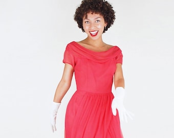 50s Coral Silk Sheath Dress with Draped Panels Skirt S • VFG