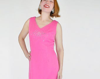 1970s Bubblegum Pink Rhinestone Maxi Dress, Double Knit Evening Gown, Handmade – M – VFG Member