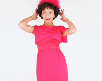 1960s Bright Pink Rayon Chiffon & Satin Cocktail Dress with Draped Bodice – S – VFG Member