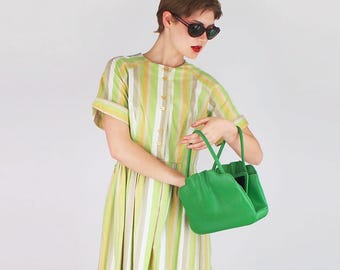 1960s Green Striped Cotton Shirtwaist Dress – Pleated Skirt Day Dress, Raglan Short Sleeves – L – VFG Member
