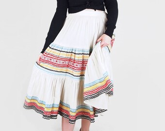 1940s 1950s Flounced Full Skirt Off White Cotton &  Colorful Rickrack 23&quot; Waist XXS - VFG Member